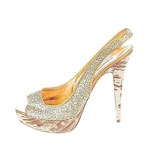 Miu Miu Embellished Silver Glitter Peep Toe Leather Slingback Shoes 8.5